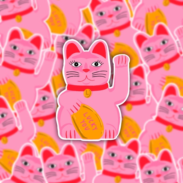 Pink Maneki Neko Lucky Waving Cat Glossy Waterproof Vinyl Sticker
