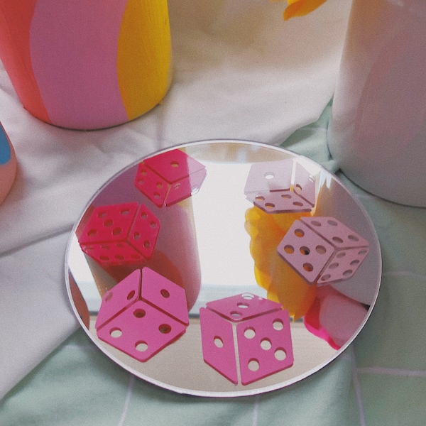 Pink Dice Funky Round Mini Plant Mirror Coaster Retro Groovy Vinyl