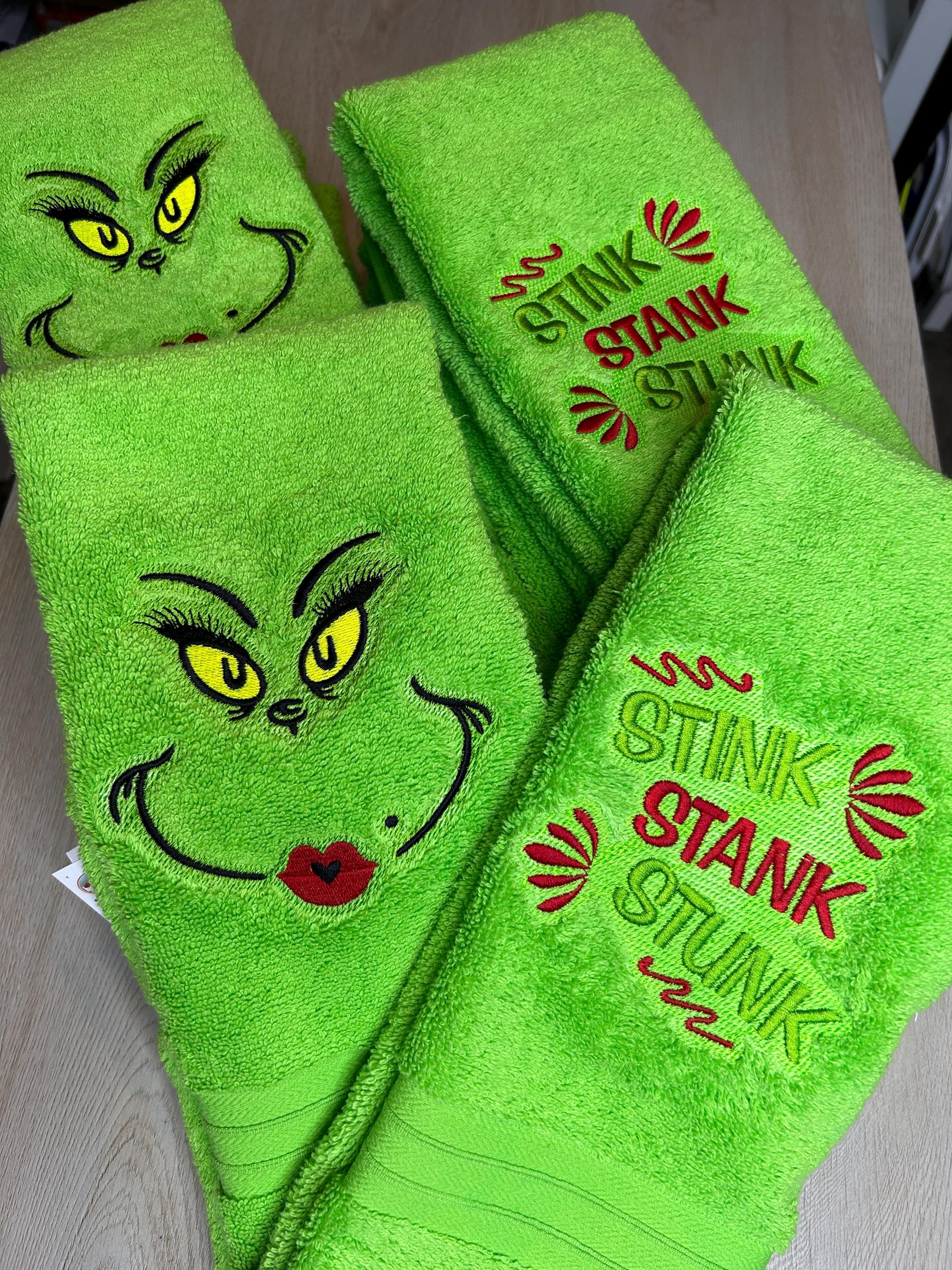 Embroidered Grinch Hand Towel Set: Christmas Decor, Soft Cotton