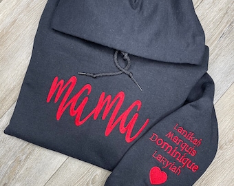 Embroidered MAMA Sweatshirt l Custom Embroidered Mama Hoodie l Personalized Sweatshirt with children names l Mama Black Hoodie l Mama Hoodie