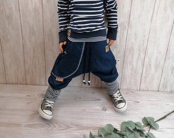 Pantalón bomba jeans sarouel niño bebe puños rayas