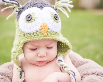 owl hat - boy hats - girl hats - winter crochet earflap hat - photo prop - baby hats - newborn toddler child adult - baby shower gift