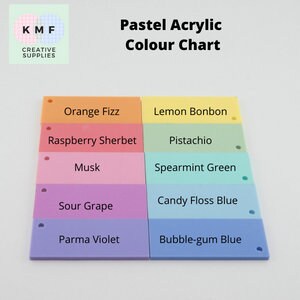 Puede incluir: Carta de colores de pintura acr&iacute;lica pastel con nombres de colores que incluyen Orange Fizz, Lemon Bonbon, Raspberry Sherbet, Pistachio, Musk, Spearmint Green, Candy Floss Blue, Sour Grape, Parma Violet y Bubble-gum Blue.