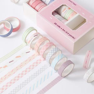 Washi Tape Basic Set Soft Rainbow: 20 Rolls, Assorted Patterns 2m, Staple PatternsTape Journal Decoration, Scrapbooking, Planners