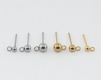 Stainless Steel Ball Stud Earring Posts with Vertical Loops, Gold Stud Post, Hypoallergenic Stainless Steel, Ball Stud Post with Loop, Aust