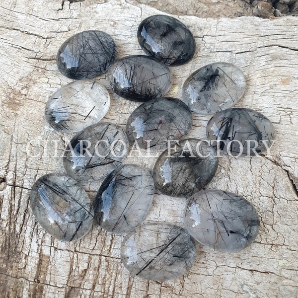 Natural black rutilated quartz, AAA grade, oval shape black tourmalinated quartz, calibrated flat back cabochon, available in custom sizes