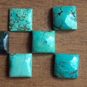 May include: Six turquoise cabochons, each with a different pattern of veining, are arranged in a grid pattern on a wooden surface.