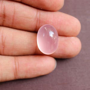 Può includere: Una gemma di quarzo rosa lucidata, di forma ovale. La pietra traslucida ha una delicata tonalità rosa e una superficie liscia e riflettente. La gemma è tenuta in una mano, mostrando il suo colore e la sua chiarezza.