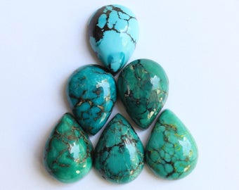 Turquoise cabochons, Natural tibetan turquoise, flat back calibrated pear shaped turquoise cabochons, calibrated sizes from 10x7 mm to 30x20
