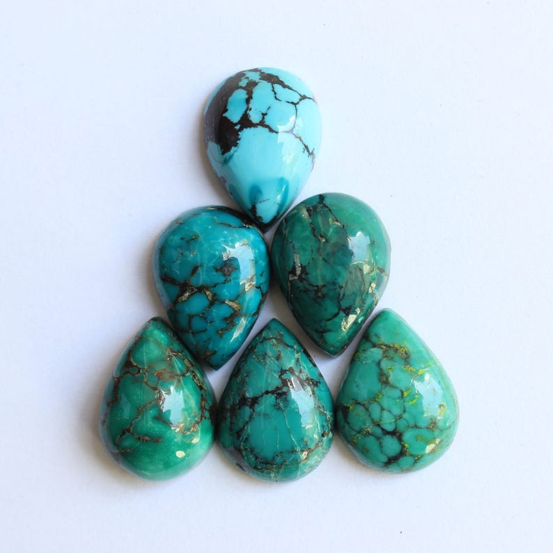 Turquoise cabochons, Natural tibetan turquoise, flat back calibrated pear shaped turquoise cabochons, calibrated sizes from 10x7 mm to 30x20 image 1