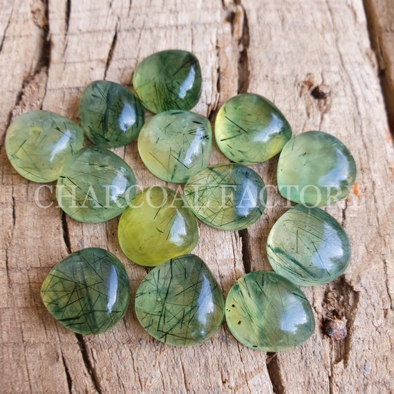Natural Rutilated Prehnite Gemstone, Pear Shape Flatback Cabochon, AAA grade, responsibly mined in Australia