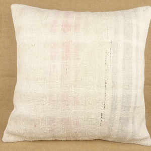 Pink And White Hemp Kilim Pillow,24&#39;x24&#39; inch,Naturel Handmade Hemp Kilim Pillow Cover,Minimalist Decor Hemp Pillow,Large Pillow Cover.