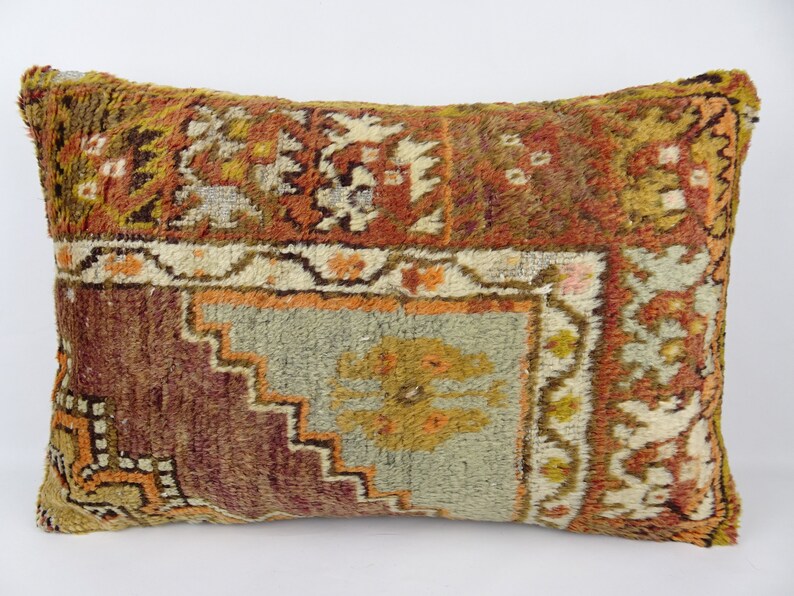 Oushak Rug Pillow,24x16 inch 60x40 Cm Turkish Carpet Pillow,Turkish Handmade Pillow,Lumbar Pillow Cover,Bohemian Decorative Carpet Pillow.