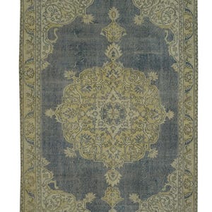 Vintage Turkish Oushak Rug: Blue Beige Wool Carpet, 5.4&quot;x9.2&quot;