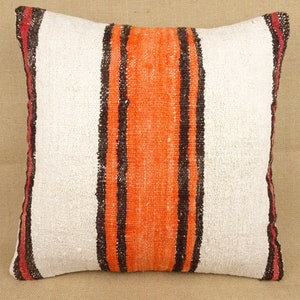 Taie d&#39;oreiller kilim en chanvre turc faite main : orange, blanc, noir oreiller 20 x 20
