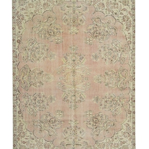 Vintage Turkish Oushak Carpet Rug: Salmon Pink Mid-Century Decor (6.7x9 ft, 205x275 cm)