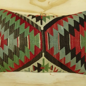 Handmade Turkish Kilim Lumbar Pillow: Wool & Cotton, 24x16 Inch