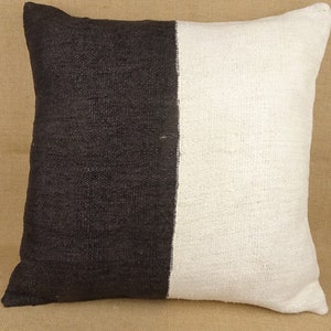 24x24 Seasonal Decor Handmade Hemp Kilim Pillow,Black And White Turkish Hemp Pillow Cover,Minimalist Modern Decor Hemp Kilim Pillow.