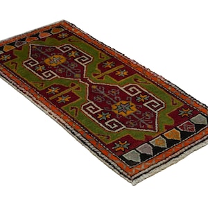 Primitive Antique Turkish Wool Rug: Small Anatolian Carpet Rug, 2x4 Feet. image 1