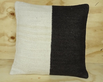 Black & White Hemp Kilim Pillow Cover: Turkish Modern Cushion (20x20 inch)