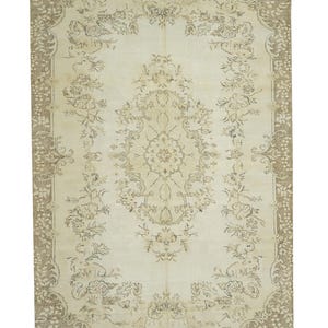 Vintage Oushak Rug: Beige & Brown Turkish Wool Carpet (6.7x10 ft)