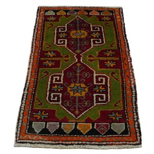 Primitive Antique Turkish Wool Rug: Small Anatolian Carpet Rug, 2x4 Feet. image 2
