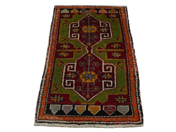 Primitive Antique Turkish Wool Rug: Small Anatolian Carpet Rug, 2x4 Feet.