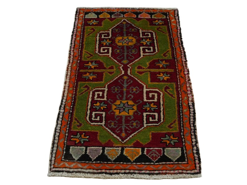 Primitive Antique Turkish Wool Rug: Small Anatolian Carpet Rug, 2x4 Feet. image 2