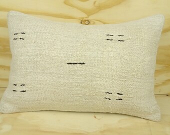 Modern Lumbar Pillow Cover,24"x16" inch 60x40 Cm Organic Hemp Kilim Pillow,Turkish Kilim Pillow,Bohemian Pillow,White Hemp Kilim Pillow.