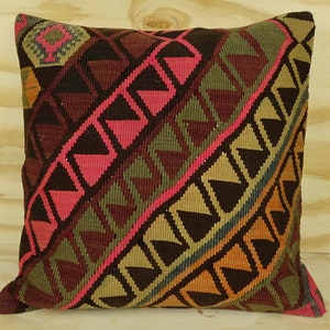 Handmade Kilim Pillow Cover: Turkish Wool Cushion, Pink Geometric Design (20x20 inch)