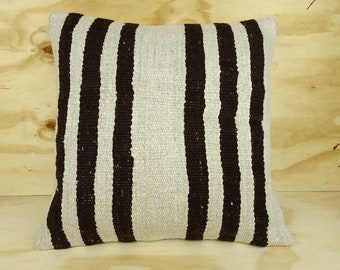 Handmade Hemp Kilim Pillow Cover: Brown & White Striped Cushion (20x20 inch)