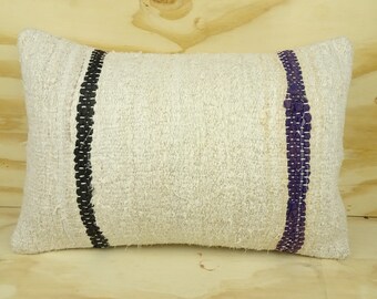 Moderna copertura per cuscino lombare, cuscino Kilim di canapa organica da 24"x16" pollici 60x40 cm, cuscino Kilim turco, cuscino Boho, cuscino Kilim di canapa bianca.