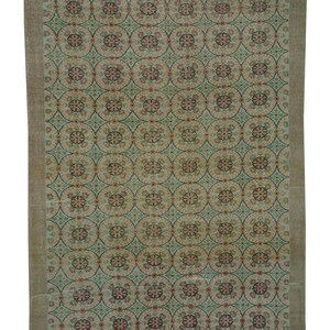 Vintage Geometric Turkish Oushak Rug: Green & Beige Wool Carpet (6.4&quot;x10.3&quot;)