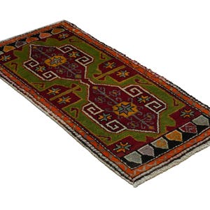Primitive Antique Turkish Wool Rug: Small Anatolian Carpet Rug, 2x4 Feet. image 10