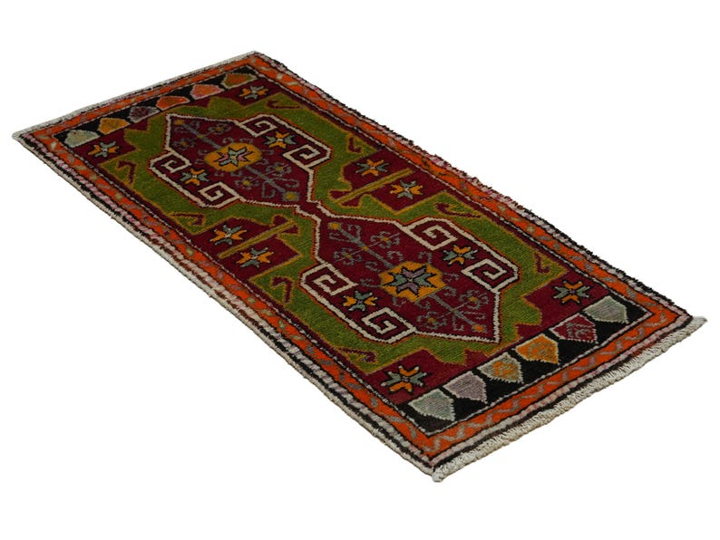 Primitive Antique Turkish Wool Rug: Small Anatolian Carpet Rug, 2x4 Feet. image 10