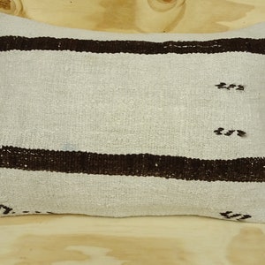 White And Dark Brown Hemp Pillow,24&#39;x16&#39; inch Lumbar Pillow Cover,Turkish Hemp Kilim Pillow,Handmade Hemp Pillow Cover.