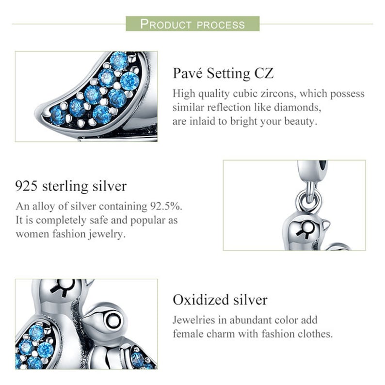 100/% Genuine 925 Sterling Silver Cute Bird Dependency Clear CZ Pendant Charms fit Bracelets Necklace Jewelry Making