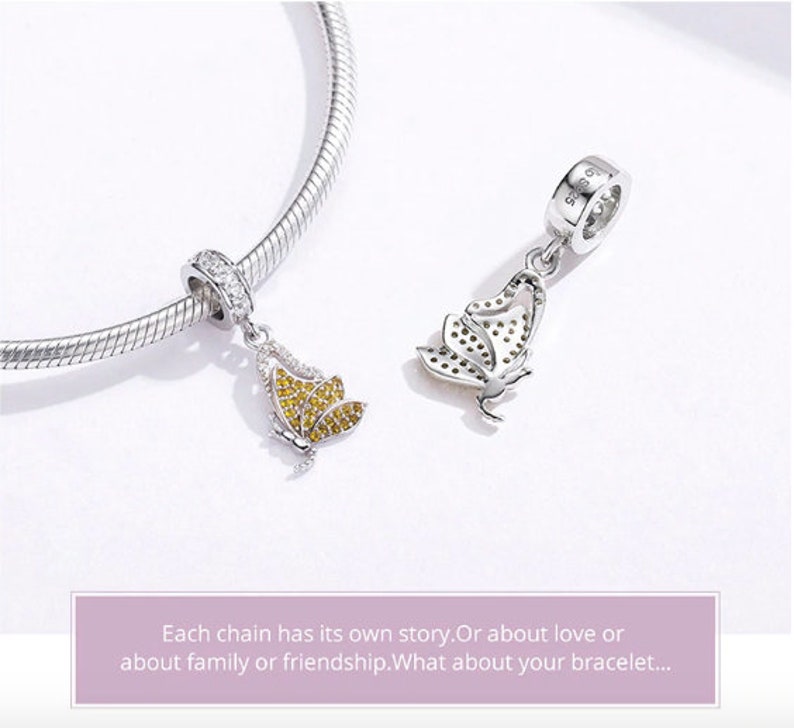 100/% Genuine 925 Sterling Silver Yellow Rhinestone Butterfly Charms Pendant fit Charm Bracelets Women Necklaces Silver Jewelry