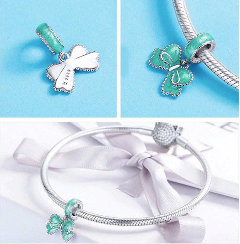 100/% Genuine 925 Sterling Silver Green Bowknot Ribbon Charm Pendant Fit Women Bracelets DIY Jewelry Making