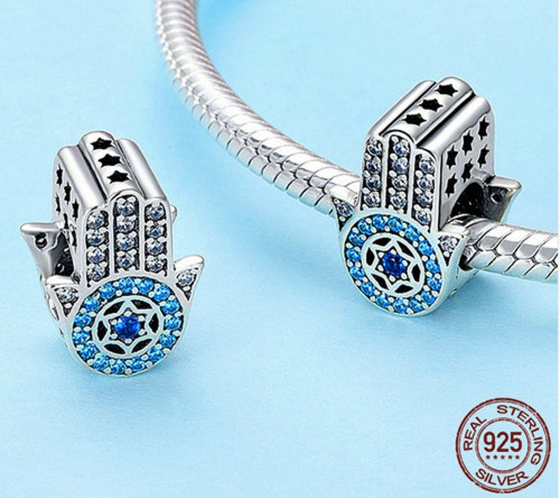 100/% Genuine 925 Sterling Silver Blue Trendy Lucky Element Fatima Hamsa Hand Charm Beads fit Charm Bracelets /& Bangles DIY Jewelry