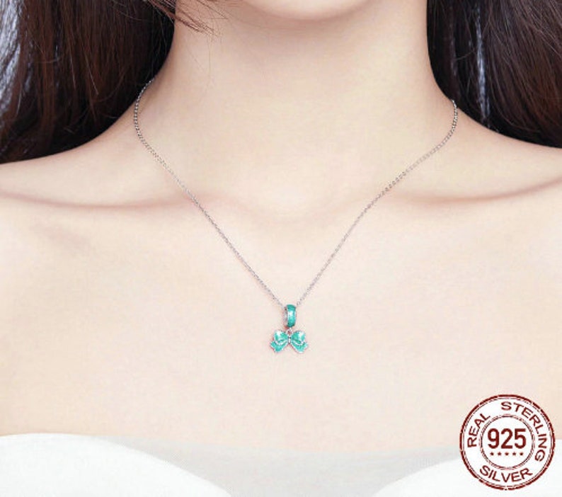 100/% Genuine 925 Sterling Silver Green Bowknot Ribbon Charm Pendant Fit Women Bracelets DIY Jewelry Making