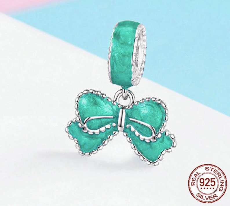 100/% Genuine 925 Sterling Silver Green Bowknot Ribbon Charm Pendant Fit Women Bracelets DIY Jewelry Making
