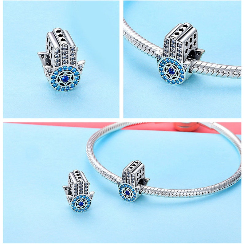 100/% Genuine 925 Sterling Silver Blue Trendy Lucky Element Fatima Hamsa Hand Charm Beads fit Charm Bracelets /& Bangles DIY Jewelry