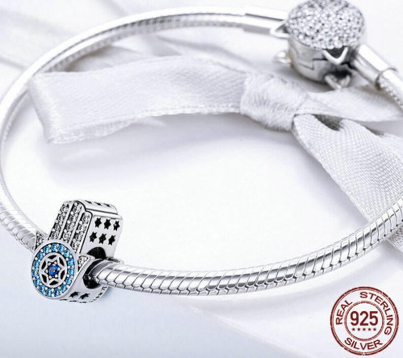 100/% Genuine 925 Sterling Silver Blue Trendy Lucky Element Fatima Hamsa Hand Charm Beads fit Charm Bracelets /& Bangles DIY Jewelry