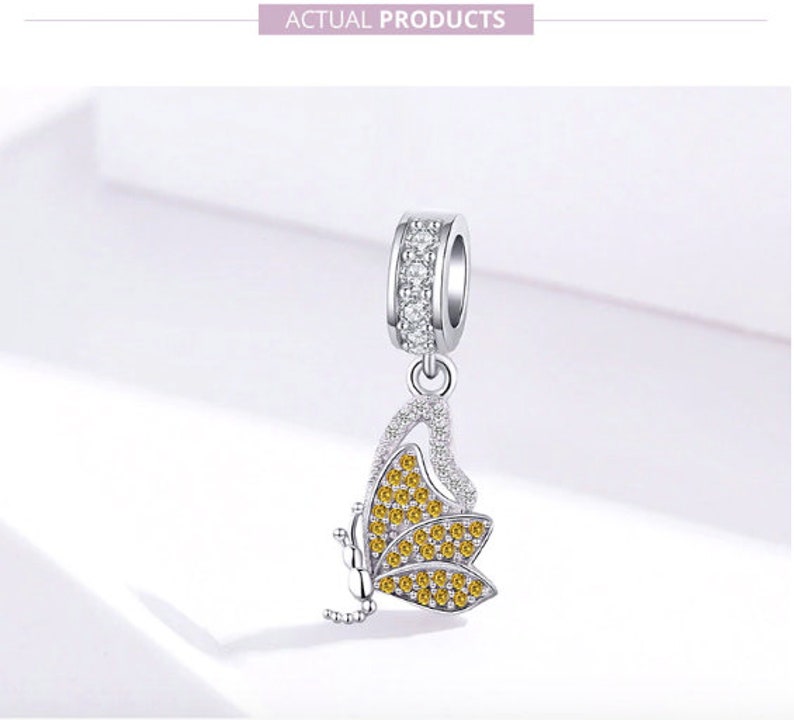 100/% Genuine 925 Sterling Silver Yellow Rhinestone Butterfly Charms Pendant fit Charm Bracelets Women Necklaces Silver Jewelry