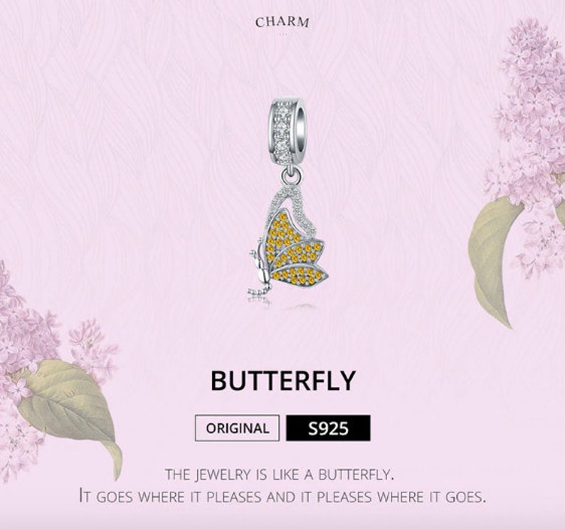100/% Genuine 925 Sterling Silver Yellow Rhinestone Butterfly Charms Pendant fit Charm Bracelets Women Necklaces Silver Jewelry