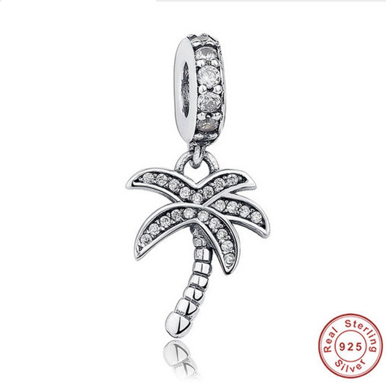 100/% Authentic 925 Sterling Silver Sparkling Clear CZ Palm Tree Dangle Charm Fit Bracelet Pendant Necklace Jewelry Making
