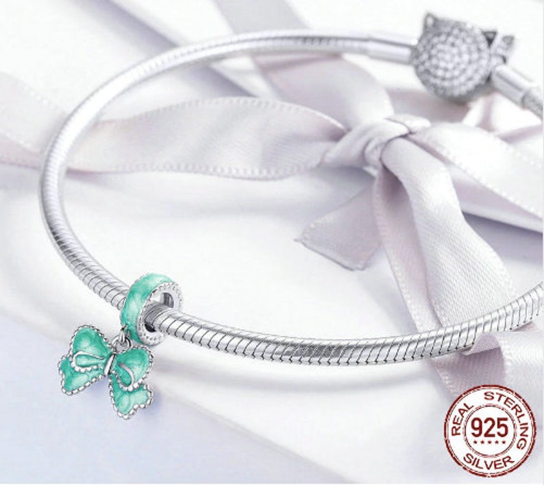 100/% Genuine 925 Sterling Silver Green Bowknot Ribbon Charm Pendant Fit Women Bracelets DIY Jewelry Making