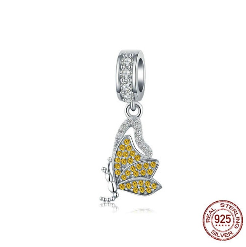 100/% Genuine 925 Sterling Silver Yellow Rhinestone Butterfly Charms Pendant fit Charm Bracelets Women Necklaces Silver Jewelry