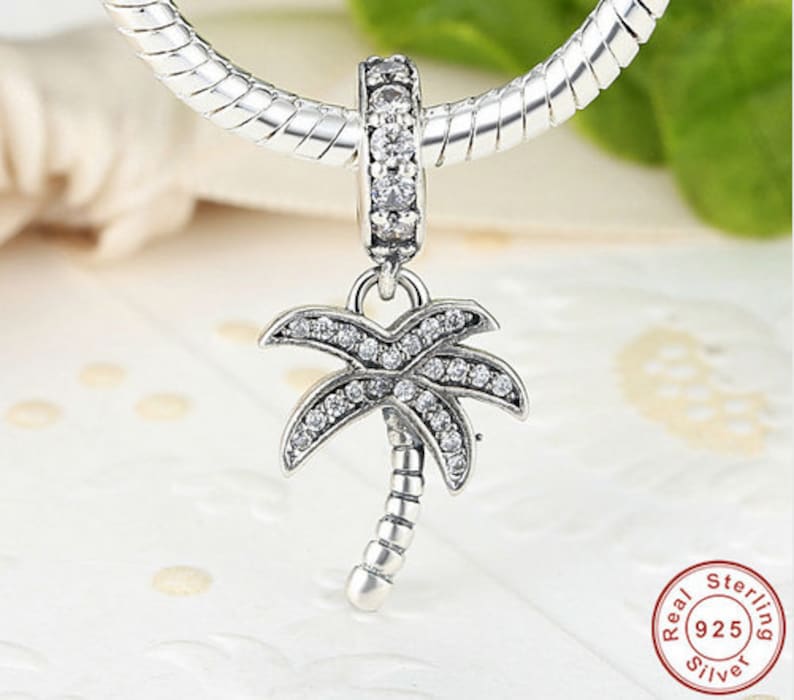 100/% Authentic 925 Sterling Silver Sparkling Clear CZ Palm Tree Dangle Charm Fit Bracelet Pendant Necklace Jewelry Making